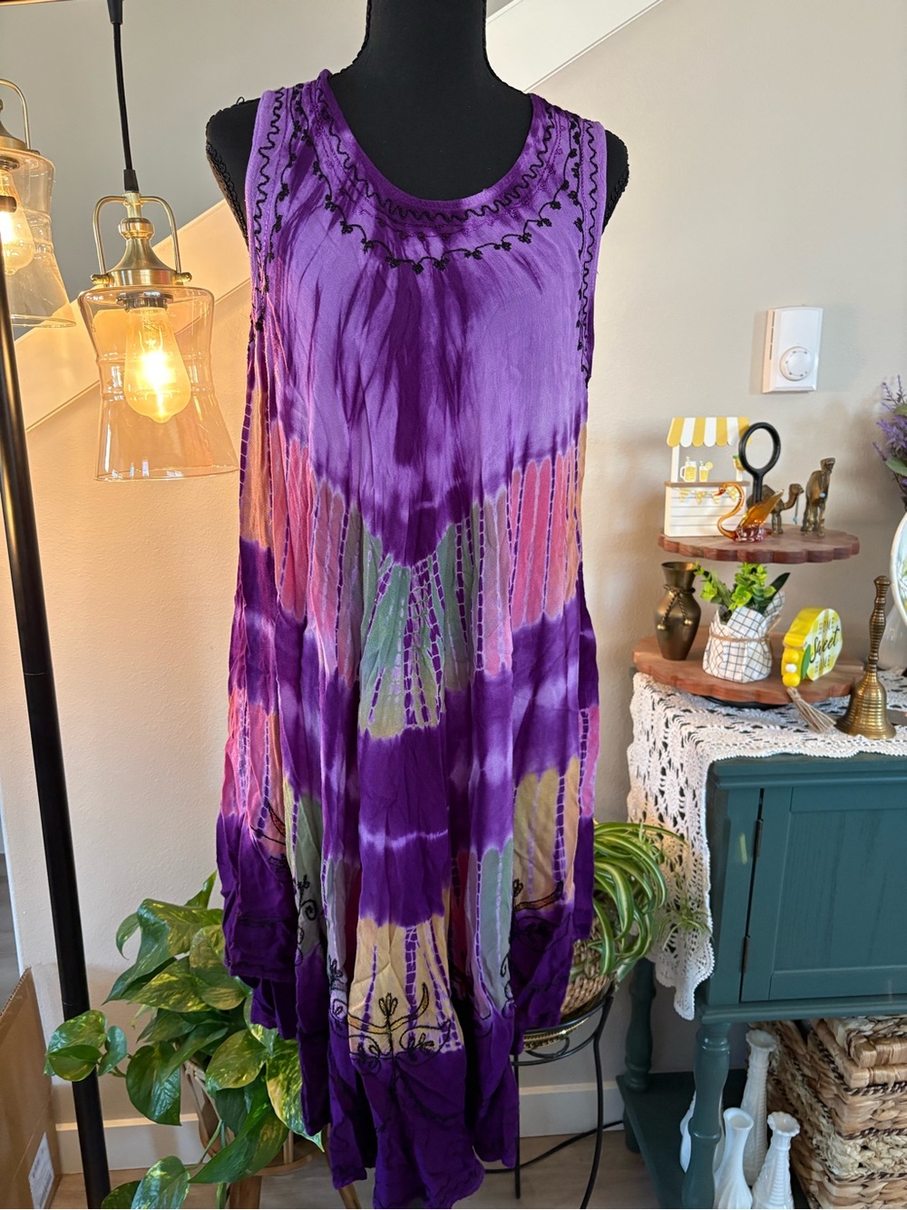 Purple Tie-Dye Sleeveless Boho Midi Dress